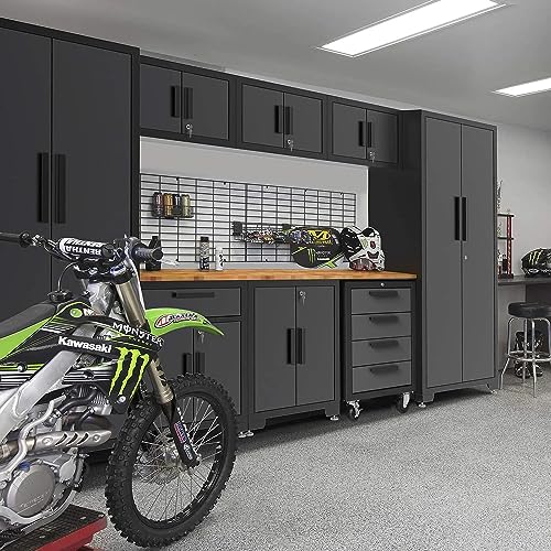 Image of TCE Heavy Duty 12 Piece Garage Storage System: Metal Organization Workbench and 4-Drawers Rolling Cabinet, Black /Grey