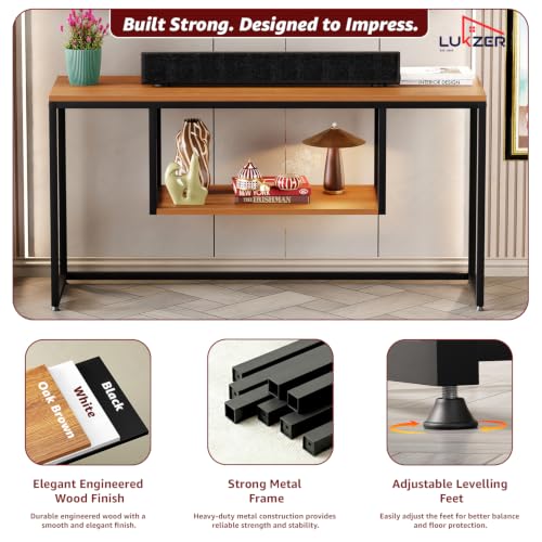 Image of Lukzer TV Unit Stand for TVs up to 43 Inch Engineered Wood with Metal (MTU-002 /Black & Oak Brown) Open Shelf Storage Console for Living Room, Set Top Box, WiFi Router, Speakers (110 x 56 x 30 cm)
