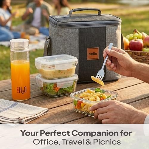 Image of CELLO Glassy Square Lunch Box with Jacket for Office, Transparent | 3 x 320ml Containers & 1 x 500ml Glass Bottle, Microwave Safe Leadfree Toughened Glass, Airtight Leakproof Tiffin Box for Daily Use