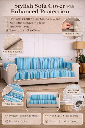 Image of Gifts Island Woven Acrylic Cotton Sofa Cover Mat, Blue Striped with Decorative Tassels, Non-Slip Design with Elastic Straps, 3 Seater and 1 Seater Mats with 6 Armrest Covers (Blue, 3+1+1 Seater)