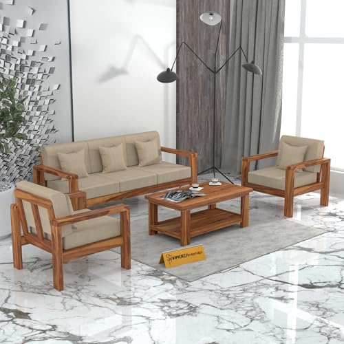 Image of Sheesham Wooden 5 Seater Sofa for Living Room | Solid Wood Sofa | Rosewood Sofa Set for Home & Office | Lounge (Honey Finish, 3+1+1 Seater)