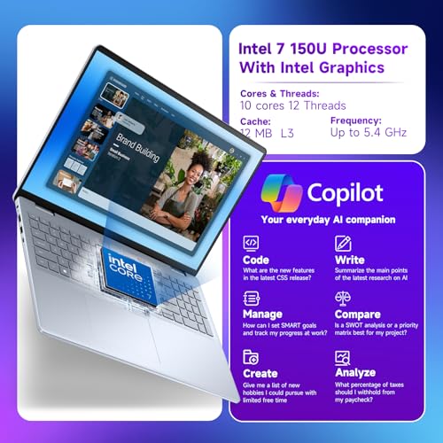Dell 16-Inch Touchscreen Laptop Computer – Intel 10-Core 7 150U, 64GB DDR5 RAM, 2TB SSD, 16" FHD+ Anti-Glare, Ai Copilot, Fingerprint, Backlit KB, Win 11 Pro, for Business & Student, w/Accessories