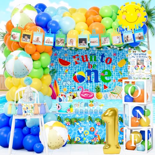 Party Inspo Fun to Be One Birthday Decorations, Beach Ball 1st Birthday Supplies with Backdrop, Balloon Garland, Boxes for Summer Pool First Party