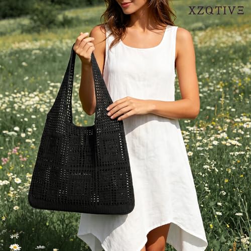 Image of XZQTIVE Crochet Tote Bag for Women Mesh Beach bag for Summer Vacation Aesthetic Hobo Knit Shoulder Bag