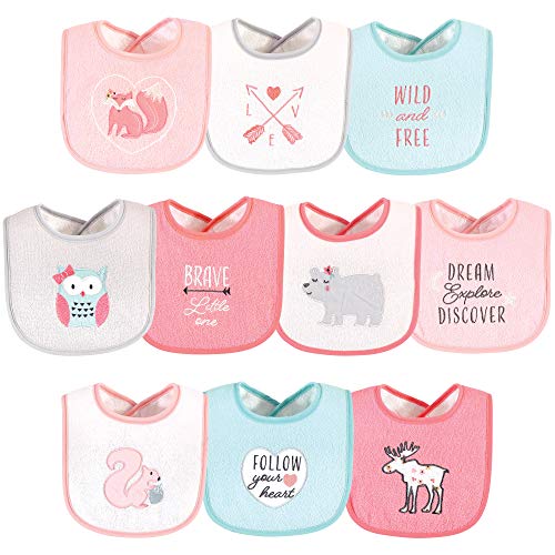 Image of Hudson Baby Unisex Baby Cotton Terry Drooler Bibs with Fiber Filling, Girl Woodland, One Size