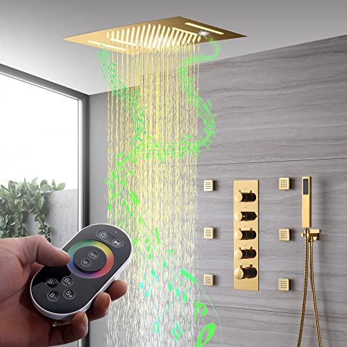 Cascada Luxury 15” x 23” Sistema de ducha con LED, música y altavoces Bluetooth incorporados, 4 funciones (Lluvia, Cascada, Jet corporal y duchador de mano) y 64 colores de luces (Bronce frotado con aceite)