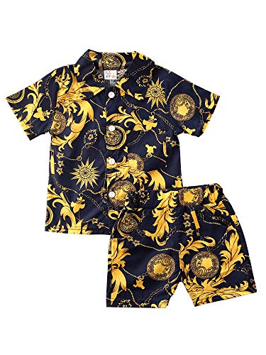 2 Piezas Conjunto Verano Bebé Niño Traje Casual Camisa de Manga Corta Camiseta Abotonada con Estampado de Hojas + Pantalones Cortos para Playa Mar (Negro Amarillo, 3-4 Años)