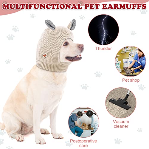 Image of Frienda Dog Ear Muffs Noise Protection, Neck 14.96 Inch Fits Medium Dogs, Knitted Calming Hood for Dogs, Fireworks Thunder Anxiety Relief, Fleece Inner Warm Beanie Hat(Beige)
