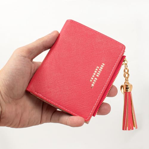 Image of KOTORA Womens Small Wallet Girls Tiny Slim Wallets Pretty Mini Card Holder Thin Short Zip Coin Purse with Love Pendant and Tassels (Cyclamen)