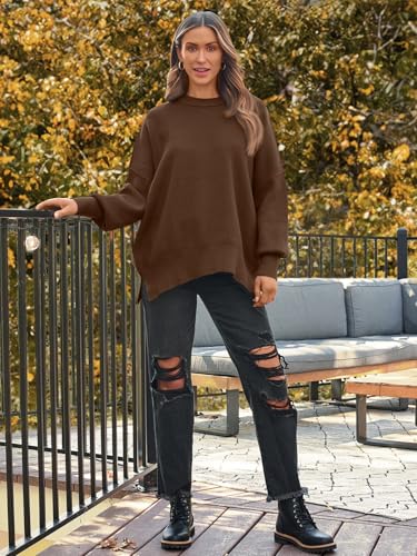 Image of LILLUSORY Women's Oversized Batwing Sweaters 2026 Fall Outfits Trendy Crewneck Knit Side Slit Fashion Pullover Tops