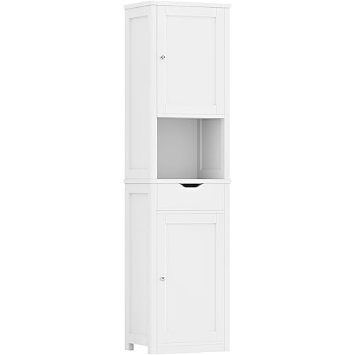 Shintenchi Tall Bathroom Storage Cabinet, Slim Corner Floor Cabinet with Doors and Drawer, Freestanding Narrow Bathroom Organizer with Adjustable Shelves for Small Space, White