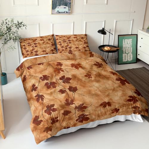 Housse de Couette Fermeture Éclair Imprimé Feuilles d'Érable Rouge Orange Réversible