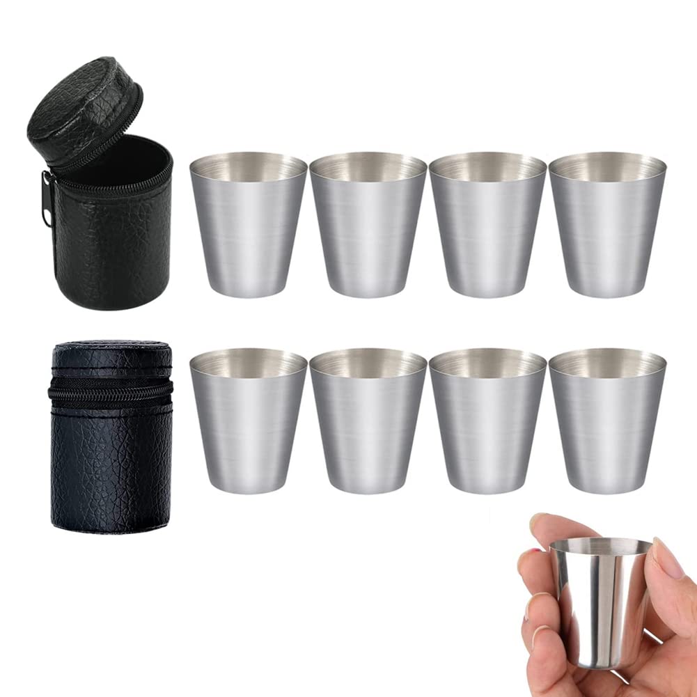 CTRLZS Polished 30Ml Mini Stainless Steel Shot Glass Cup Drinking Wine Glasses with Leather Cover Bag for Home Kitchen Bar