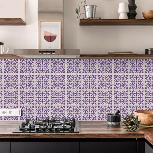 Azulejos Adhesivos Cocina Flores Púrpuras Pvc Impermeable Pared Autoadhesivas Pegatinas Extraíble Vinilos Baño Cocina