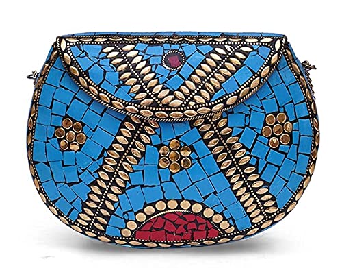 Shakuntala Vintage Clutch - Metal Mosaic Stone & Shell Design Purse - Handmade Women's Handbag