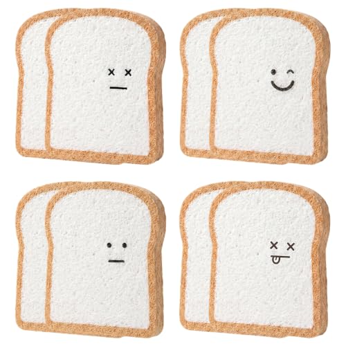 Image of Bread Sponges, Toast Shaped Compostable Kitchen Scrubber Pads, Non-Scratch Dish Sponge Set (4Pcs) (8pcs-Big Eyes /Smiling face /X face /toot face)