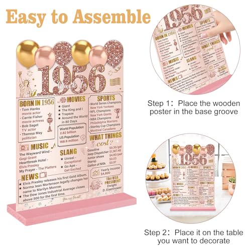 Image of Guiruiy Pink Rose Gold 70th Birthday Decorations for Women, Two-Sided Vintage 70 Back in 1956 Theme Poster Wooden Table Sign with Stand, Seventy Years Old Bday Centerpieces Holder for Table Decor