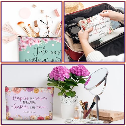 Kacctyen 18 Pcs Spanish Bible Christian Women's Religious Gift Christmas Gifts Cosmetic Bags Inspirational Bible Verse Pencil Pouch Motivational Makeup Bag with Zipper for Travel (Fresh)4