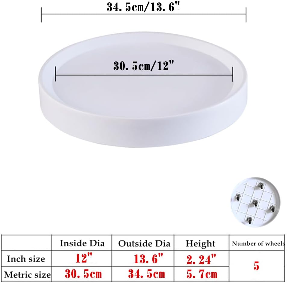 13.6 Inch Plant Caddy with Hidden Wheels, 2-Pack White Rolling Tray for Large Pots, Air Purifiers & Home Decor, Indoor Outdoor Use
