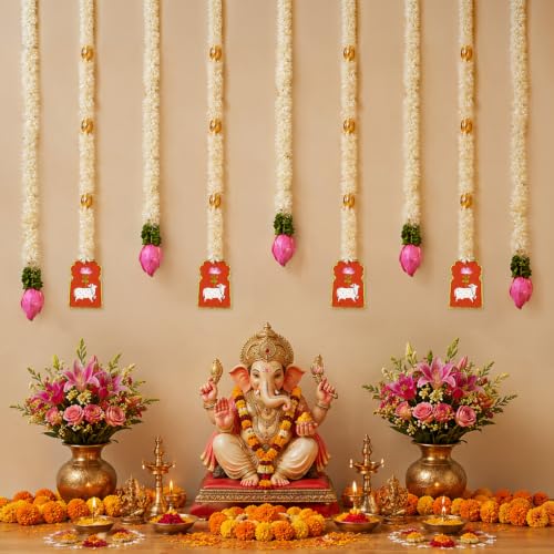 Image of SpecialYou Ganpati Decoration Setup for Home Decor With Cow & Lotus Bud Wall Hanging Decoration, Ganesh Chaturthi Home Decoration, Wall Decor Items for Living Room- 9Pcs