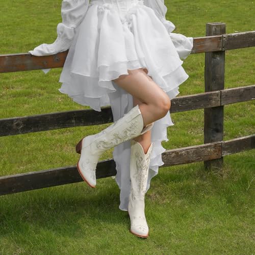 Image of Cowboy Boots for Women Pearl Embroidered Cowgirl Boots Western Chunky Heel Mid Calf Boot with Zipper