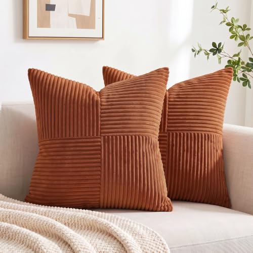 Image of Fancy Homi 2 Packs Rust Samll Decorative Throw Pillow Covers 14x14 Inch with for Couch Bed, Rustic Farmhouse Boho Home Decor, Soft Corss Patchwork Corduroy Square Terracotta Cushion Case 35x35 cm