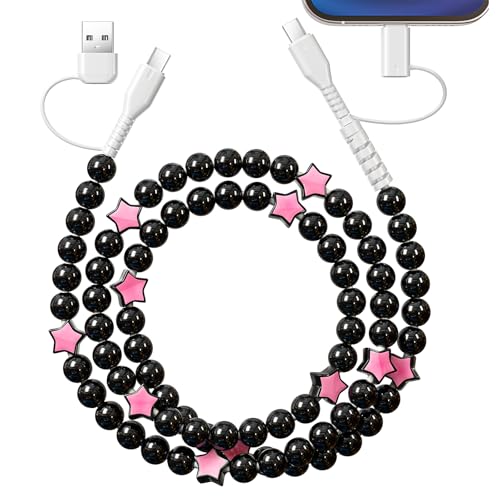VOFUOE USB C Cable for iPhone 17 Charging Cable USB A to Type C Cable 4 in 1 Multi Charging Cord Star Beaded Charger Cable 3.3FT Fast Charging for iPhone 16/15, Galaxy S24/S25 Ultra-Black & Pink