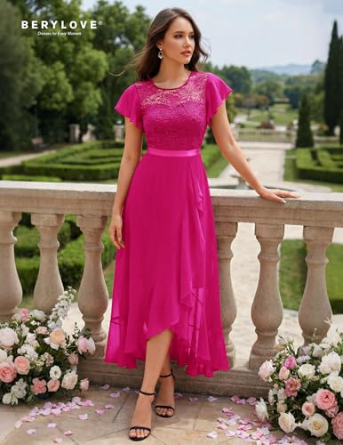 Image of BeryLove Formal Long Dresses for Women Wedding Guest Cocktail Bridesmaid | Airy Lace & Chiffon Evening Gown, Flutter Sleeve, Ideal for Mother of the Bride, Prom, Homecoming Party & Semi-Foraml Events