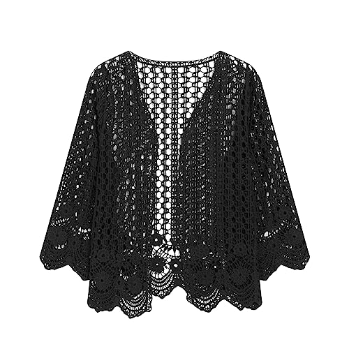 Casual Lightweight Long Sleeve Cardigan Loose Soft Drape Open Front Crochet Sweater Coverups Black