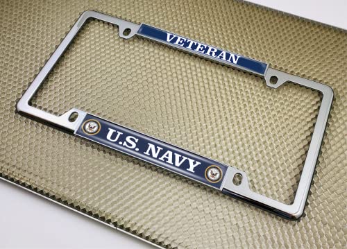 [Officially Licensed Product] - U.s. Navy Veteran With Eagle, Anchor Logo - Domed Custom-Made Personalized Narrow (Thin) Top 4 Hole Metal Car License Plate Frame With Free Caps - Chrome (Qty:1 Frame) #TOP4
