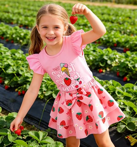 Image of Girls Skirt Set 2 Piece Outfit Toddler Summer Clothes Ruffle Sleeve T-Shirt Bow Knot Tutu Skirt Outfit Set