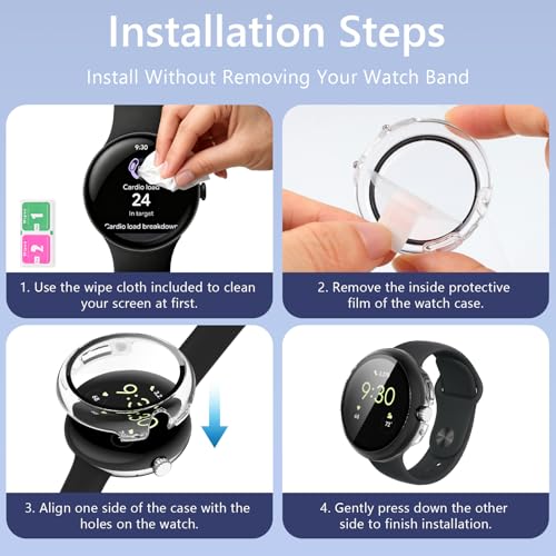 Image of 2Pack Watch Cases Compatible with 41mm Google Pixel Watch 4, Charge with Case On, HD Tempered Glass Screen Protector, Touch-Sensitive, Shockproof, Blue + Clear