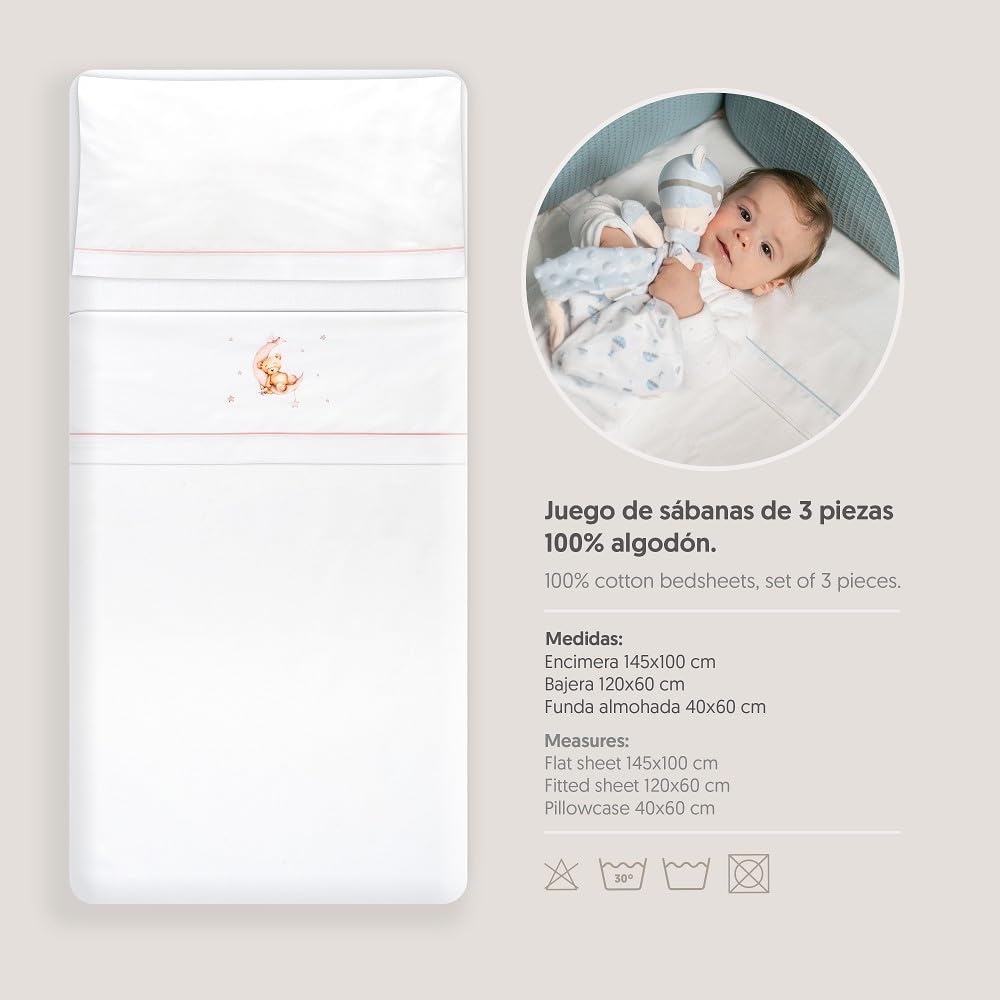 Danielstore Sabanas Cuna 60x120 Algodon 100% Bebé-Primavera- Verano- Otoño Fabricadas en España (Incluye Sabana Bajera+encimera+Funda Almohada). (0.0.0 Oso Luna Rosa)