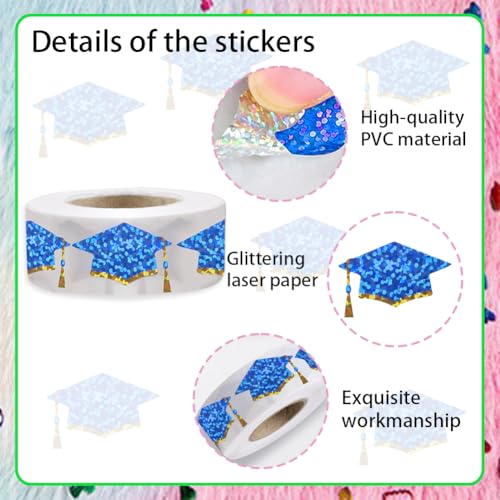Image of 500Pcs Graduation Cap Stickers Roll 1.2in Glitter Grad Stickers Blue with Gold Rim Label Tag Self-Adhesive Classroom Reward Waterproof Decals for Envelope Bottle Decor