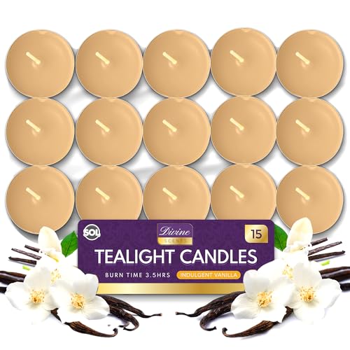 SOL 15pk Tea Light Candles Indulgent Vanilla – 3.5 Hour Burn Time, Scented Tea Lights Candles, Long-Lasting & Ideal Home Decor, Relaxation, Romantic Dinners, Weddings, Cosy Evenings & Special Occasion