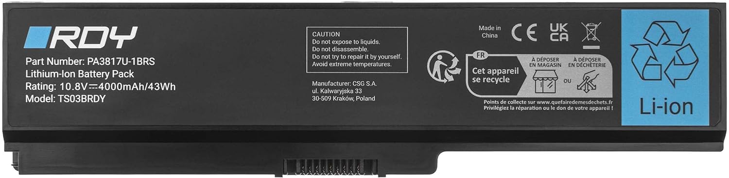 RDY - Batterie Remplacement Pour Toshiba Satellite C650/C660/L750/L755 Etc. - 10,8V 4000mAh - Compatible PA3817U-1BRS