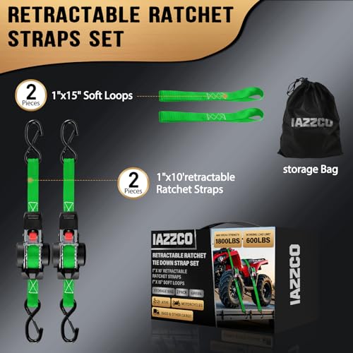 Image of 10FT Retractable Ratchet Straps(2-Pack) - 1 Inch (1800 LB Break Strength) Heavy Duty Self Retracting Ratchet Straps with Soft Loops & Storage Bag for Household, Motorcycle, Truck, ATV(Green)