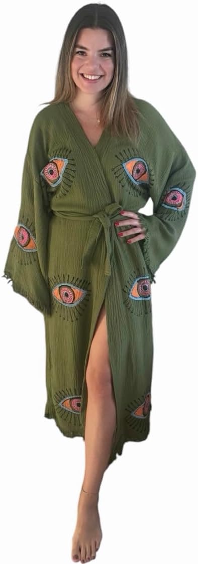 Green Evil Eye Robe For Women - Turkish Cottton Robe - Handmade Spa Kimono - Boho Long Cardigan - Dressing Gown - Image 5