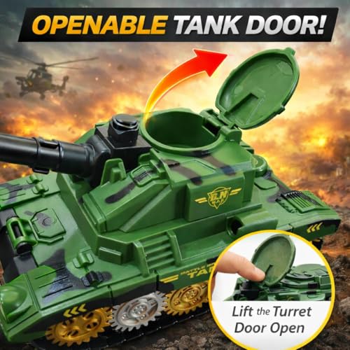 Image of TEC TAVAKKAL Battle Breakers Toy Military Tank for Kids with Mini Tank Launcher, 360 Rotating Turret & Adjustable Cannon | Action Battle Toy Vehicle with Moving Wheels for Kids (Green)