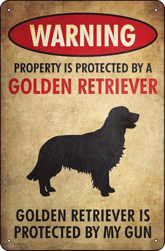 Funny Golden Retriever Metal Sign – Vintage Property Protected by