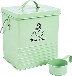 Bird Seed Storage Container Airtight, 7LB Bird Food Container | Metal Bird Food Tin with Scoop/Handle, Portable Bird Feed Storage For Outdoor or Indoor(Green)