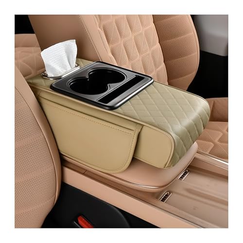Image of Zpana Car Center Console Armrest Pillow, Memory Foam Leather 4 in 1 Vehicle Arm Rest Cover with Tissue Box 2 Side Storage Bag Cup & Phone Holder, Auto Armrest Cushion, Universal Fit (Beige)