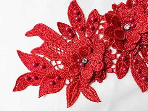 Ruinuo 3D Lace Beads Flower Applique Patches Sew On Patches Embroidery Appliques Rhinestone Sewing Wedding Dress Collar Decor Red #TOP2