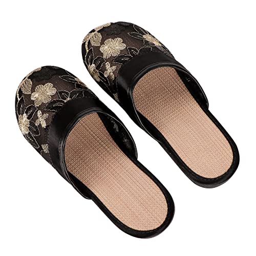 Women's Mesh Slippers Embroidered Closed Toe Flax House Loafers Mules Backless Floral Sandals Breathable Portable Home Travel Spa Guest Indoor Skidproof Beach Mother's Day Shoes3
