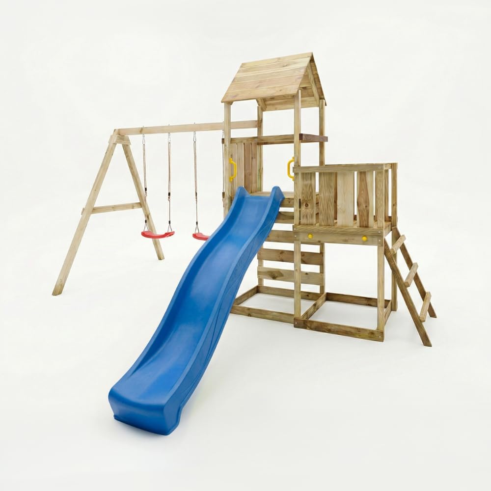 Gioco da Giardino in Legno Maxplay 3.2 con Torre a 2 Livelli, Scivolo 2,2 m, Doppia Altalena e Parete Arrampicata – Parco Giochi Completo con Sabbiera, 356x395x262 cm, Legno Impregnato (Blu)