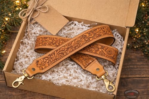 Image of CHALLENGER Western Floral Tooled Leather Replacement Shoulder Purse Guitar Cross Body Strap 115RS-Straps