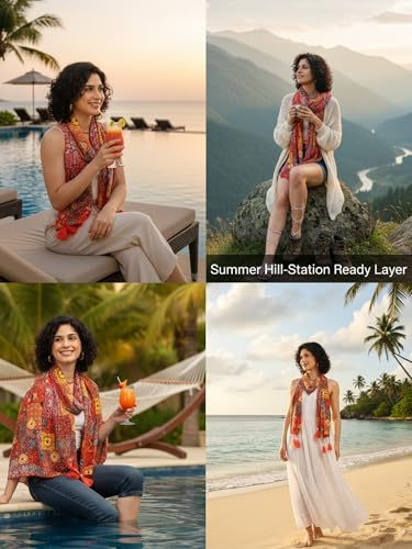 Image of KE KANHA EXPORTS Scarf for Women Boho | Border Print Stylish | Stole for Women Breathable Summer Beach Wrap with Tassels | Multicolour |180 x 50 cm FREE Scrunchie Included