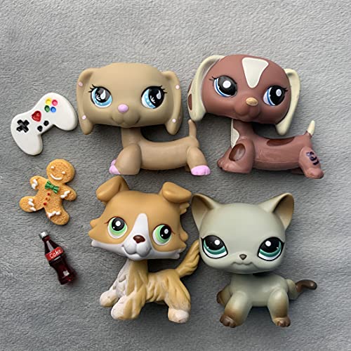 Junior Pet Shop lps Pets 4pcs, lps Dachshund 909 1631 lps Collie 272 lps Shorthair Cat 391 with lps Accessories Drink Gingger Bread Mane Kids Gift