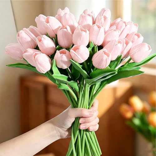 Image of 20Pcs Stems 13.5 Inch Candy Pink PU Artificial Moisturizing Tulips, Faux Candy Pink Tulips Flowers for Thanksgiving Christmas Decorations Wedding Home Table Vase Floral Arrangements