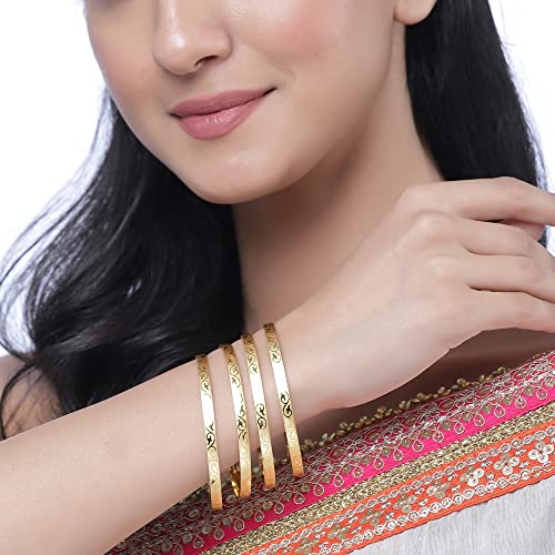 Image of ZENEME Set Of 4 Gold-Plated Textured Handcarfted Classic Bangles For Girls and Women